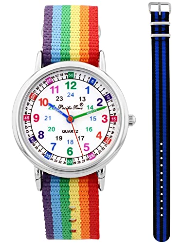 Pacific Time Kinder Armbanduhr Mädchen Jungen Lernuhr sehr gut ablesbar Wechsel Textilarmband Regenbogen + schwarz blau analog Quarz 12910 von Pacific Time