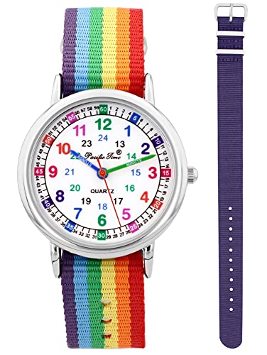 Pacific Time Kinder Armbanduhr Mädchen Jungen Lernuhr sehr gut ablesbar Wechsel Textilarmband Regenbogen + violett analog Quarz 12902 von Pacific Time