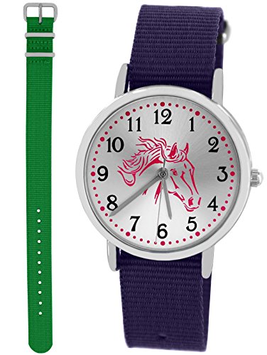 Pacific Time Kinder-Armbanduhr Mädchen Jungen Pferd 2 x Schnellwechsel Textilarmband analog Quarz Sport violett grün 10024 von Pacific Time