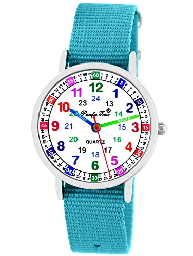 Pacific Time Kinder Armbanduhr Mädchen Jungen Uhr Kids Lernuhr hellblau Textil Wechselarmband analog Quarz 10908 von Pacific Time