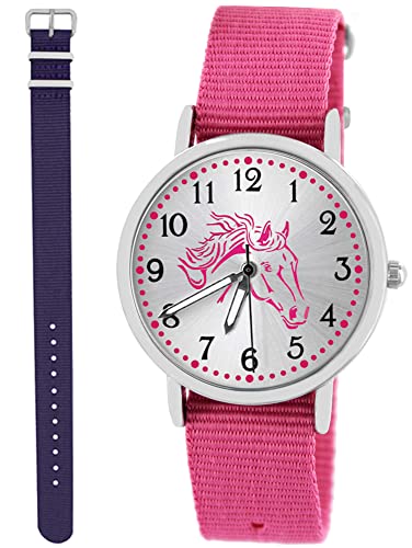 Pacific Time Kinderuhr Analog Quarz mit 2 Textilarmband Rosa + violett 10027 von Pacific Time