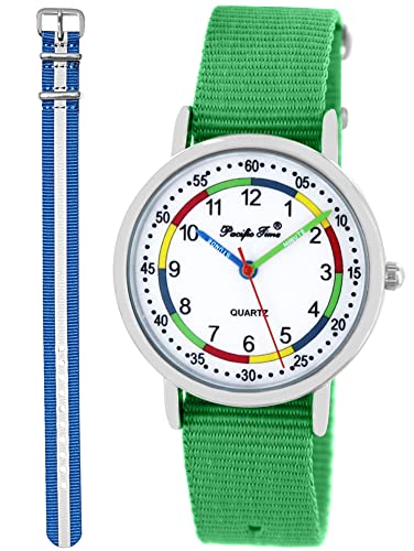 Pacific Time Lernuhr Mädchen Jungen Kinder Armbanduhr 2 Armband grün + blau reflektierend analog Quarz 11073 von Pacific Time