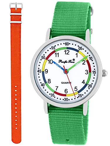 Pacific Time Lernuhr Mädchen Jungen Kinder Armbanduhr 2 Armband grün + orange analog Quarz 11074 von Pacific Time