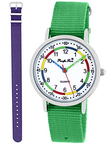 Pacific Time Lernuhr Mädchen Jungen Kinder Armbanduhr 2 Armband grün + violett analog Quarz 11064 von Pacific Time