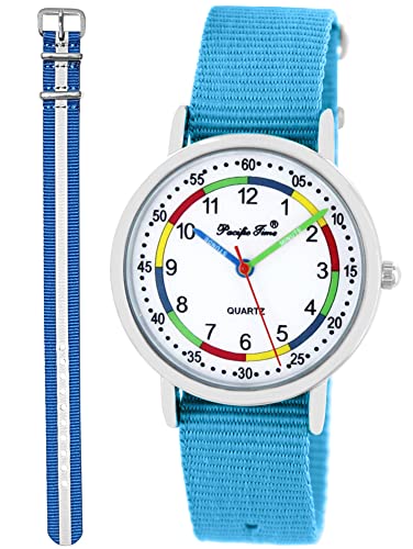 Pacific Time Lernuhr Mädchen Jungen Kinder Armbanduhr 2 Armband hellblau + blau reflektierend analog Quarz 11047 von Pacific Time