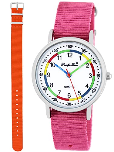 Pacific Time Lernuhr Mädchen Jungen Kinder Armbanduhr 2 Armband rosa + orange analog Quarz 11032 von Pacific Time