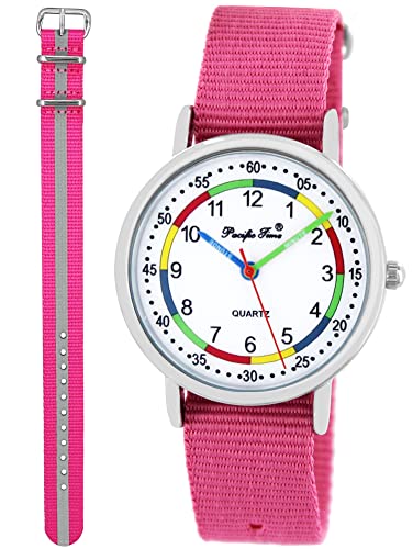 Pacific Time Lernuhr Mädchen Jungen Kinder Armbanduhr 2 Armband rosa + pink reflektierend analog Quarz 11030 von Pacific Time