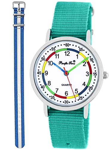 Pacific Time Lernuhr Mädchen Jungen Kinder Armbanduhr 2 Armband türkis + blau reflektierend analog Quarz 11059 von Pacific Time