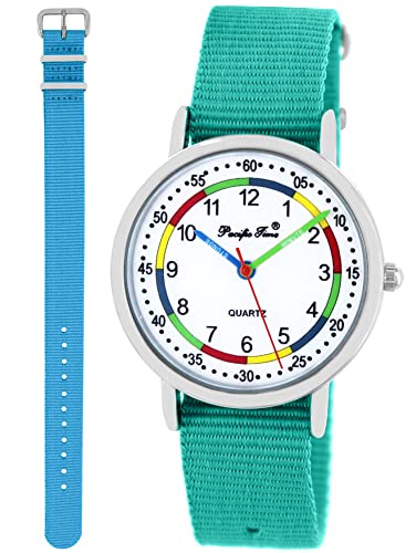 Pacific Time Lernuhr Mädchen Jungen Kinder Armbanduhr 2 Armband türkis + hell blau analog Quarz 11052 von Pacific Time