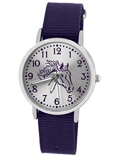 Pacific Time Mädchen Uhr Pferde analog Quarz mit Textil Wechselarmband violett 10302 von Pacific Time