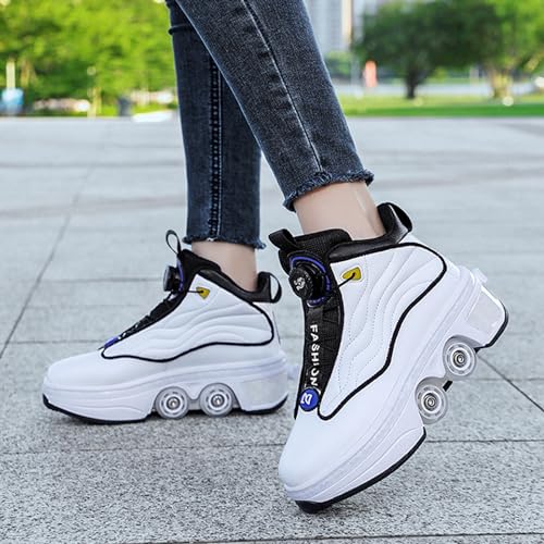 PacuM Jungen und Mädchen Rollschuhe Schuhe mit doppelten Rädern Trainer Technische einziehbare Skateboarding Schuhe für Kinder Sneakers, Bianco-43 von PacuM