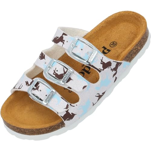 Palado Kinder Pantoletten Capri G Print - Mädchen Sandalen mit verstellbaren Riemen - bequeme Schuhe mit Sohle aus feinstem Veloursleder - Hausschuhe mit Natur Kork-Fußbett Weiß Unicorn EU34 von Palado