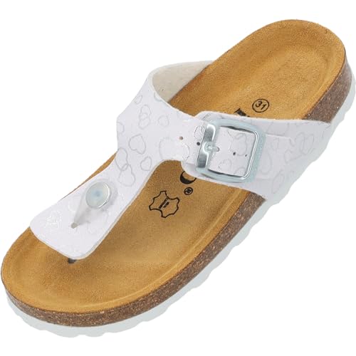 Palado Kinder Pantoletten Kos G Love - Kinder Sandalen mit verstellbaren Riemen - bequeme Schuhe mit Sohle aus feinstem Veloursleder - Hausschuhe mit Natur Kork-Fußbett Weiß EU36 von Palado