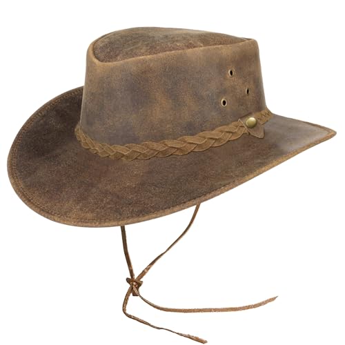 Pamposh Cowboyhut aus Leder für Herren und Damen, handgefertigt, leicht, Westernhut, formbar, langlebig, breite Krempe, Cowgirl-Hut, braun, 62 von Pamposh