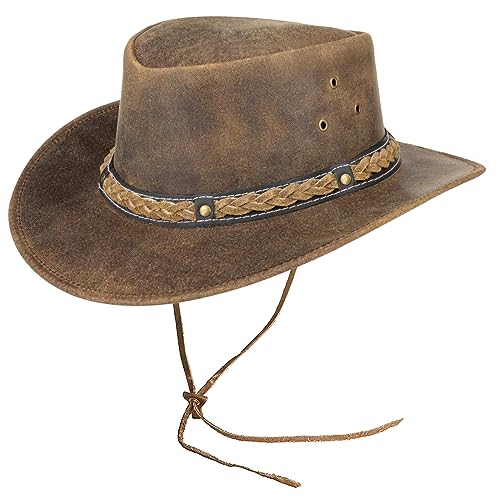 Pamposh Cowboyhut aus Leder für Herren und Damen, handgefertigt, leicht, Westernhut, formbar, langlebig, breite Krempe, Cowgirl-Hut, braun, M von Pamposh