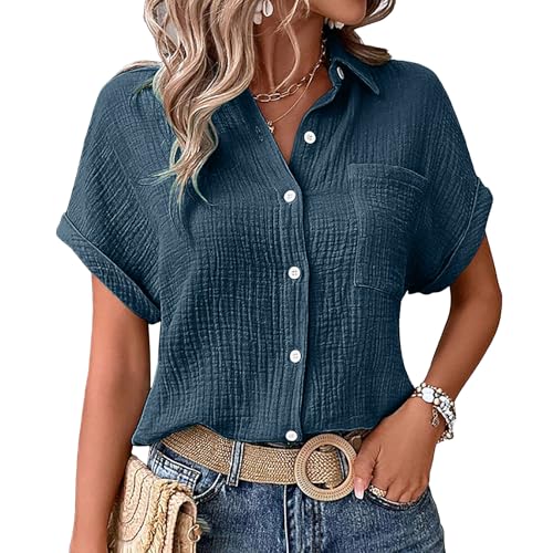 Pamqsen Musselin Hemd Bluse für Damen Elegant Tuniken Sommer Oberteile Kurzarm Leinenbluse Longbluse Oversized Hemdbluse Lässig für Leggings Marine Pamqsen Musselin Hemd Bluse für Damen Elegant Tuniken Sommer Oberteile Kurzarm Leinenbluse Longbluse Oversized Hemdbluse Lässig für Leggings Marine von Pamqsen