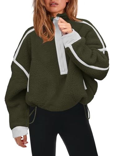 Panadila Damen-Sweatshirt mit halbem Reißverschluss, Sherpa-Fleece, weich, übergroß, mit Taschen, warmer flauschiger Pullover, Grün (Army Green), XL von Panadila