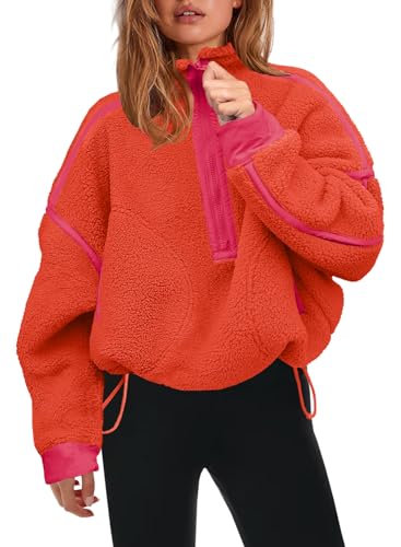 Panadila Damen-Sweatshirt mit halbem Reißverschluss, Sherpa-Fleece, weich, übergroß, mit Taschen, warmer flauschiger Pullover, burnt orange, L von Panadila