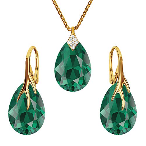 Ohrringe Silber 925 Hängend - Kette Damen mit Anhänger - Vergoldet Schmuck Set für Sie - mit Kristallen - Ohrringe Hängend und Halskette Damen Silber 925 - Tropfen mit Krallen (Emerald) von Panda-Jewellery