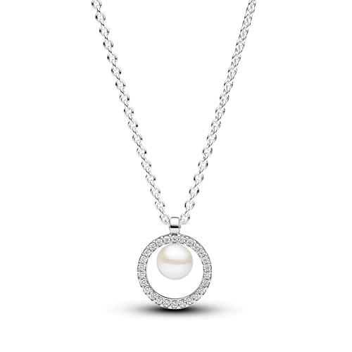 PANDORA Timeless Behandelte Süßwasserzuchtperle & Pavé Collier-Halskette aus Sterling Silber mit Zirkonia Steinen, Größe 45cm, 393165C01-45 von PANDORA