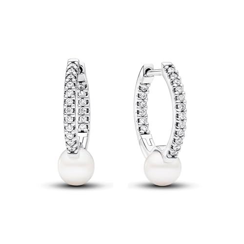 PANDORA Timeless Behandelte Süßwasserzuchtperle & Pavé Creolen aus Sterling Silber mit Zirkonia, 293171C01 von PANDORA