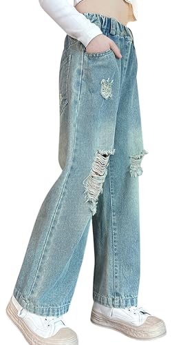 Kinder Mädchen Casual Ripped Jeans Washed Elastic Waist Wide Leg Baggy Trousers with Pockets Denim Pants Ripped Retro Stretchy Jeggings 11-12 Jahre von Panegy