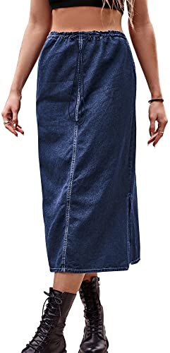 Lange Jeansröcke für Frauen High Waisted Sexy Casual Loose Denim Midi Rock Ladies Side Split Drawstring Belt Vintage Long Skirt Western Rock Blau S von Panegy