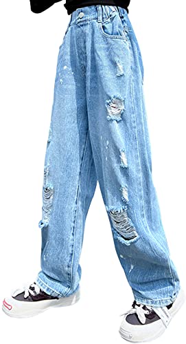 Mädchen Jeans Ripped Jeans für Kinder Straight Leg Jeans mit Tasche Causal Stylish Hosen Elastic Waist Wide Leg Loose Trousers Blau 6-8 Jahre von Panegy