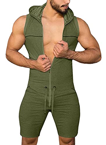 Panegy Herren Kurze Jumpsuit Sommer Overall Jogginganzug Trainingsanzug Ärmellos Freizeitanzug Kapuzen Sportanzug mit Tunnelzug von Panegy