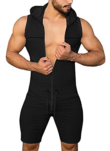 Panegy Herren Kurze Jumpsuit Sommer Overall Jogginganzug Trainingsanzug Ärmellos Freizeitanzug Kapuzen Sportanzug mit Tunnelzug von Panegy