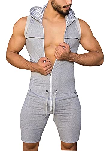 Panegy Herren Overall Jumpsuit Jogging Anzug Sportanzug Onesie Trainingsanzug Ärmellos Fitness Shirt Kurz Hosen mit Tasche Kapuzen von Panegy