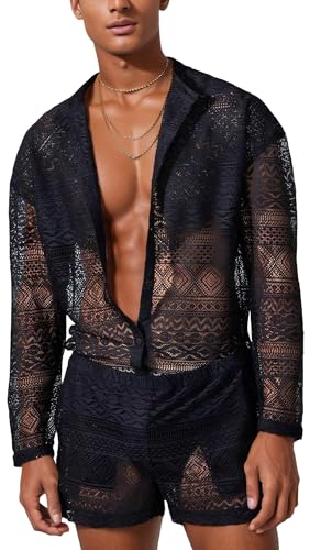 Panegy Herren Spitzen Hemd Shorts Set Transparen Mesh Bluse Button Down Langarm Netz Shirts+Kurze Hose Hersteller L/EU Größe M-Schwarz Panegy Herren Spitzen Hemd Shorts Set Transparen Mesh Bluse Button Down Langarm Netz Shirts+Kurze Hose Hersteller L/EU Größe M-Schwarz von Panegy