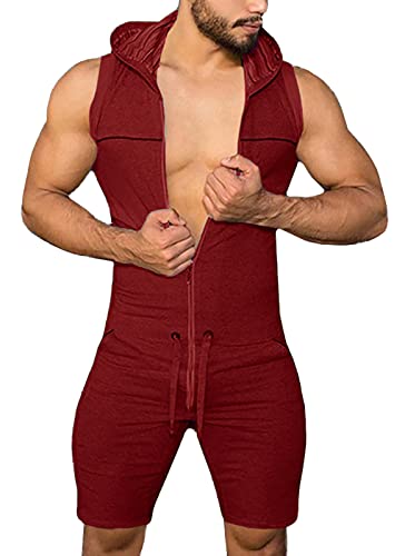 Panegy Kurze Jumpsuit Herren Sommer Ärmellos Overall Onesie Kapuze Sommerjumpsuit Schlafanzug Sportanzug Jogginganzug Trainingsanzug von Panegy