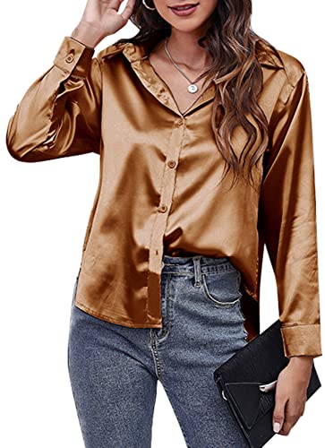 Panegy Satin-Hemden für Damen Button-Down-Blusen Glänzende Seide wie Oberteile Lässige Schlichte Langarm-Revers-Hemden für Damen Büroarbeit Business-Kleidung Braun L von Panegy