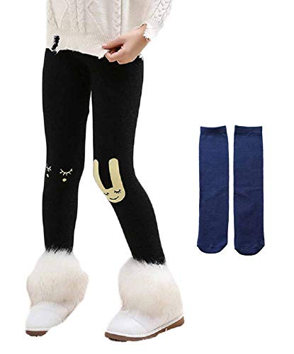 PanpanBox Mädchen Thermo Jeggings Warm Freizeithosen Winterhosen Wolle Pants Elastizität Kinder Fleece Thermounterwäsche Legging Verdickte Winter 2-10 Jahre (116/122/128 M, grau schwarz-Kaninchen) von PanpanBox