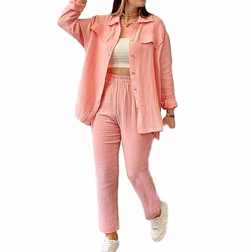 PanpanBox Damen Langarmhemd und Freizeithosen Anzug Locker Stil Einfarbig Herbst Hemdbluse Frauen Elegant Chinohose (S, PINK) von PanpanBox