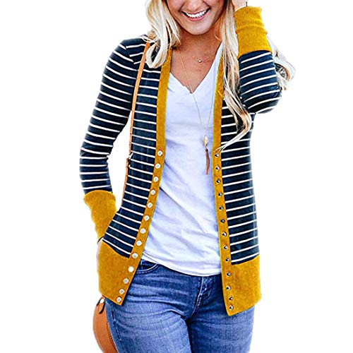 PanpanBox Damen Strickjacke Gestreifter V-Ausschnitt Cardigan Lässige Sweater Frauen Strickmantel Softshell Coat Slim Fit Bluse Oberteil Tops Frühling Herbst Sweater (S, gelb) von PanpanBox