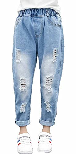 PanpanBox Mädchen Jeans 7/8 Jeanshose Zerrissene Chinohose Locker Cargohose mit Gummizug Hellblau Kinder Denim Pants Karotte Lässige 3-12 Jahre (130#/ ~7-8 Jahre) von PanpanBox