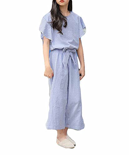 PanpanBox Mädchen Tops und Hosen Anzug Freizeit Zweiteilig Sommer Shirts Rundkragen Weites Bein Locker Sommerhose Culotte Casual Bluse Oberteil (blau, 170) von PanpanBox