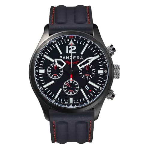 Panzera Flieger 46 Chronograph Quarz Stahl IP Schwarz Silikon Pilot Rot Datum Herren Uhr, Panzera Flieger 46 Chronograph Quarz Stahl IP Schwarz Silikon Pilot Rot Datum Herren Uhr, von Panzera