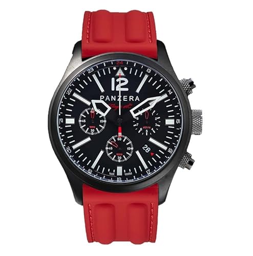 Panzera Flieger 46 Chronograph Quarz Stahl IP Schwarz Silikon Pilot Rot Datum Herren Uhr, Panzera Flieger 46 Chronograph Quarz Stahl IP Schwarz Silikon Pilot Rot Datum Herren Uhr, von Panzera