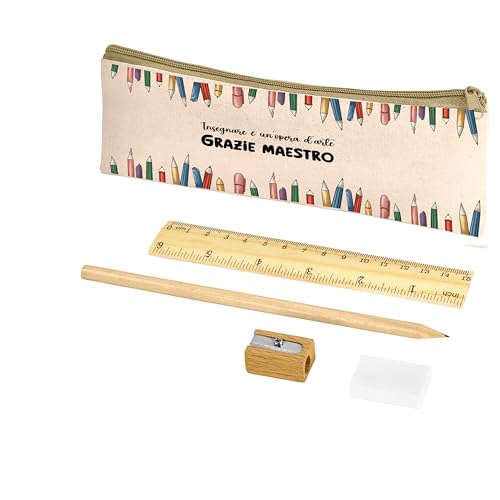 Paolo Chiari - Linie Maestri, Schulset aus Baumwolle mit Federmäppchen verziert mit Bleistift, Lineal und Anspitzer aus Holz, 4-teilig, natur, 20x8,5 cm, Danke Meister Paolo Chiari - Linie Maestri, Schulset aus Baumwolle mit Federmäppchen verziert mit Bleistift, Lineal und Anspitzer aus Holz, 4-teilig, natur, 20x8,5 cm, Danke Meister von Paolo Chiari