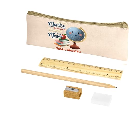 Paolo Chiari - Linie Maestri, Schulset aus Baumwolle mit Federmäppchen verziert mit Bleistift, Lineal und Anspitzer aus Holz, 4-teilig, natur, 20x8,5 cm, Maestro Globus Paolo Chiari - Linie Maestri, Schulset aus Baumwolle mit Federmäppchen verziert mit Bleistift, Lineal und Anspitzer aus Holz, 4-teilig, natur, 20x8,5 cm, Maestro Globus von Paolo Chiari