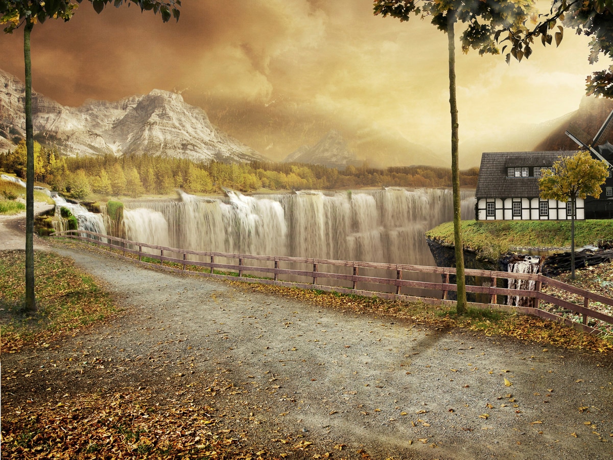 Papermoon Fototapete "Haus an Wasserfällen" von Papermoon