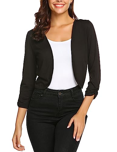 Parabler Damen Bolero Elegant Festlich 3/4 Ärmel Kurze Strickjacke Jäckchen zum Kleid Top für Herbst Frühling Schwarz L von Parabler