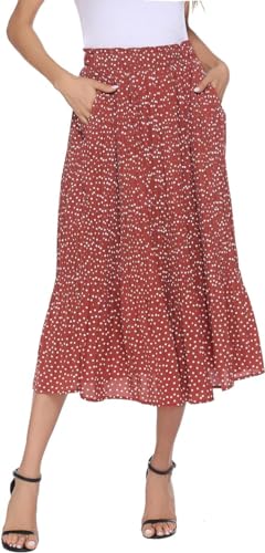 Parabler Damen Hohe Taille Röcke Retro Maxirock Polka Dot Rock Lang Herbst und Winter Elegant Faltenrock mit Tasche Rot-1 XXL von Parabler