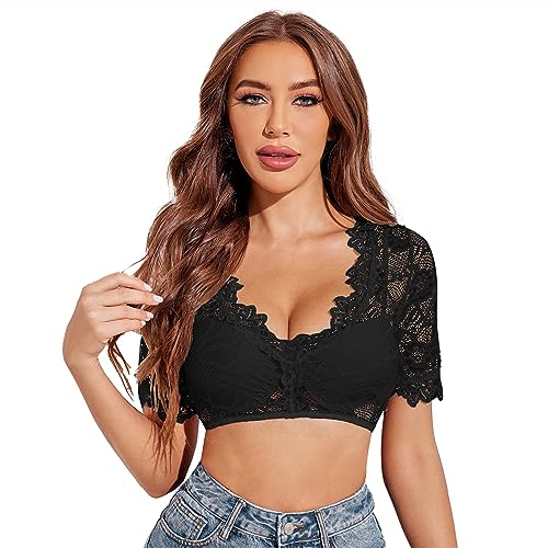 Parabler Damen Dirndlbluse Spitze Trachten Dirndlbluse Kurzarm Oktoberfest Dirndlblusen Halbarm Tracht Bluse Schwarz 3XL von Parabler