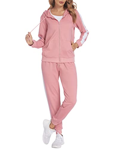 Parabler Damen Elegante Freizetanzug Jogginganzug Set Damen Rosa Trainingsanzug 2 teilig Sportanzug Hausanzug Set Trainingsjacke mit Kapuze L von Parabler