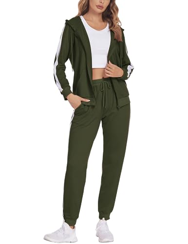 Parabler Jogginganzüge Damen Zweiteiler Trainingsanzug Sport Set Frauen Fitness Tracksuit Polyester Anzug Armeegrün XL von Parabler