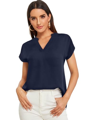 Parabler Damen V-Ausschnitt Hemdbluse Chiffon Blusen Frauen T-Shirt Tops Sommer Einfarbig Kurzarm Casual Tunika Loose fit Navy blau XXL von Parabler